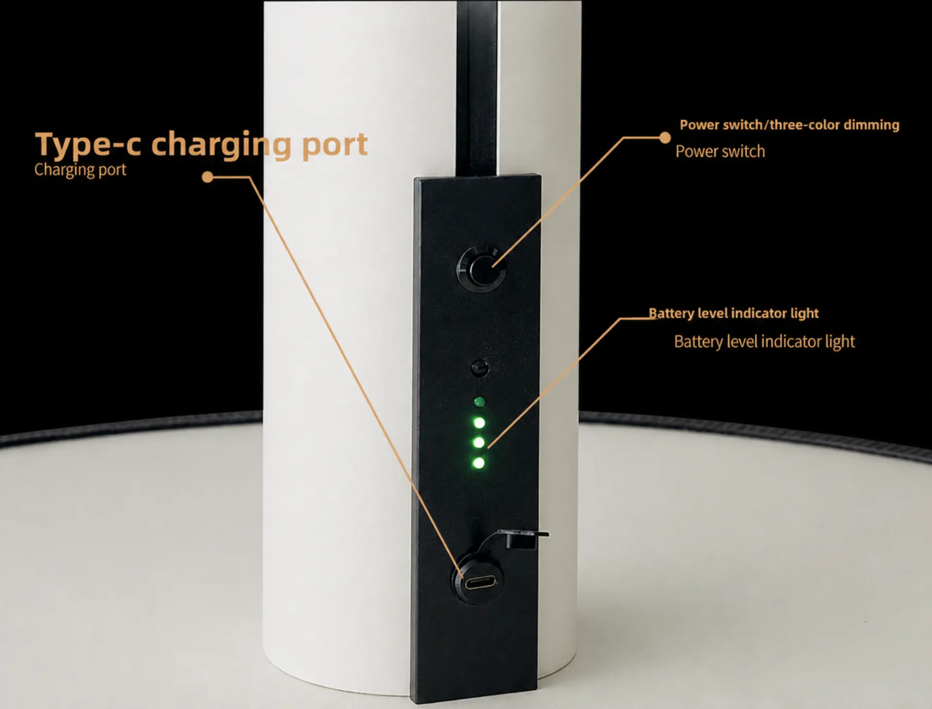 Portico solar parasol control detail: USB-C charging port, power switch with three-color dimming, and four-step battery level indicator